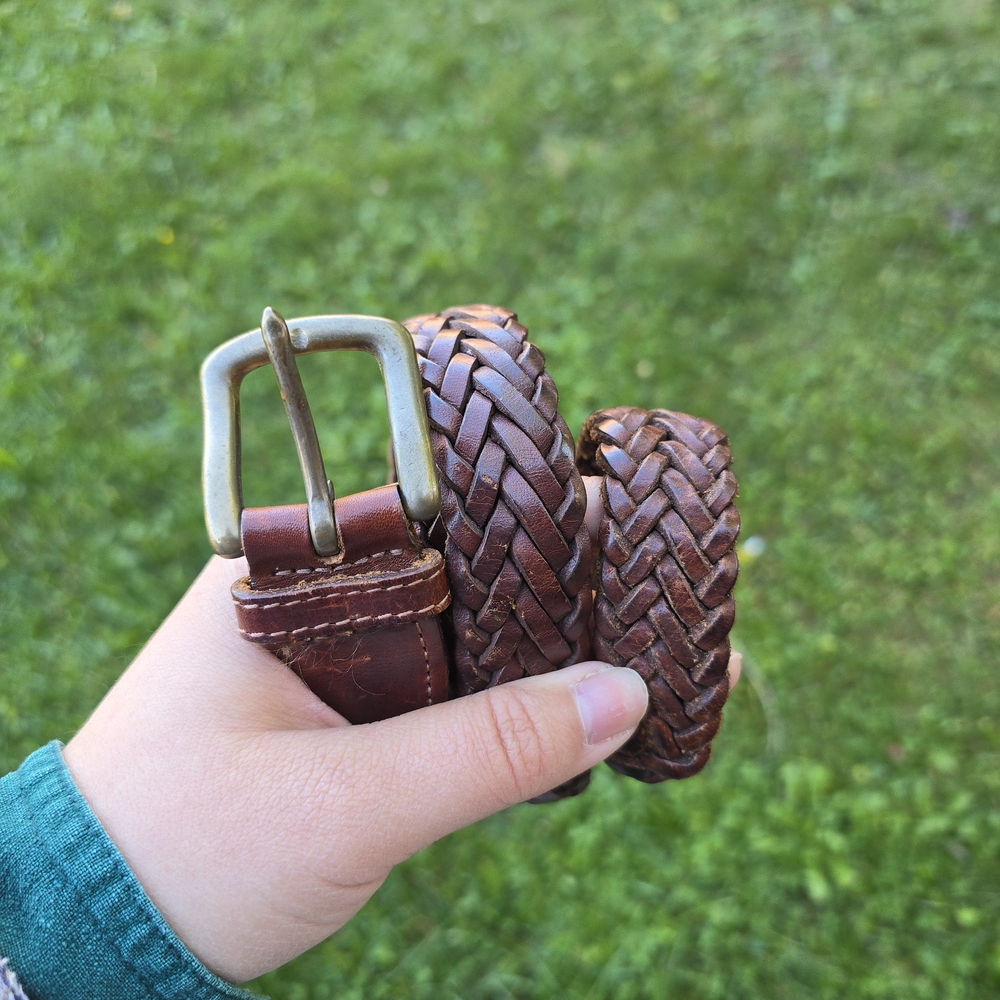 Vintage Genuine Brown Braided Leather Belt Hand-Woven Classic Brass Buckle - Picture 5 of 5